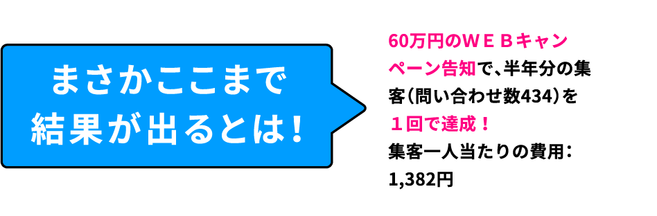 60万円のＷＥＢキャンペーン告知で、半年分の集客（問い合わせ数434）を１回で達成！集客一人当たりの費用：1,382円 まさかここまで結果が出るとは！
